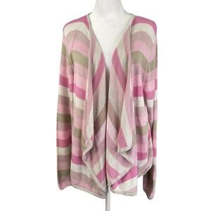 J Jill M Open Waterfall Cardigan Linen Blend Pink Beige White Striped Lightweigh